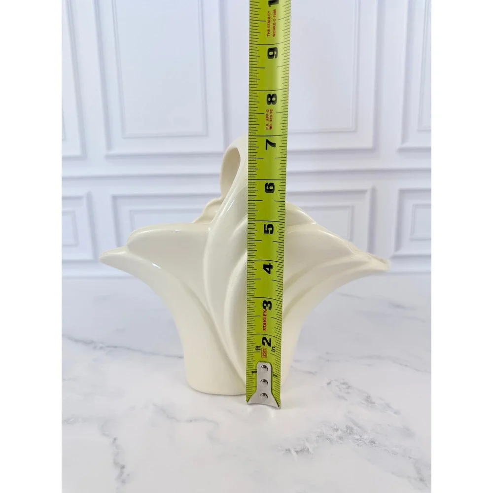 VTG Hand Glazed Ceramic White Basket 7 1/2 tall X 4 1/2 wide X 9